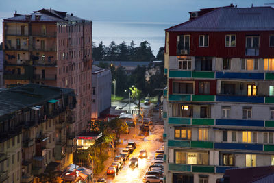 High angle view of street amidst buildings in city