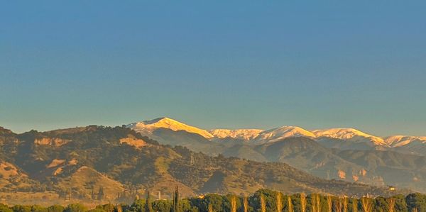 Scenic view of snowcapped mountains against clear sky