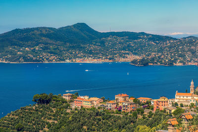 Panoramic view from chiavari to ligurian seaside portofino area and mediterranean sea, italy