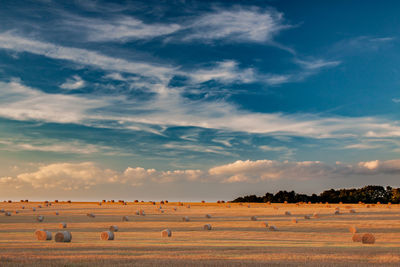 Hay bales on field against sky