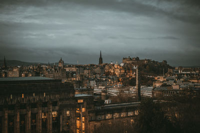 High angle view of townscape against sky at dusk