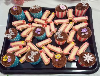 High angle view of cupcakes on table