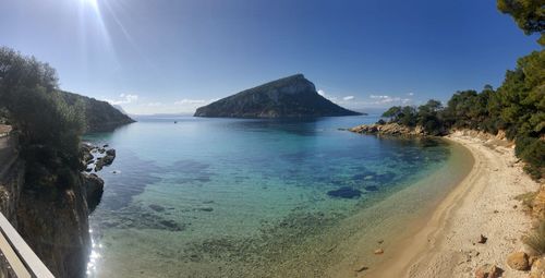 Panoramic view of sea and mountains against clear blue sky