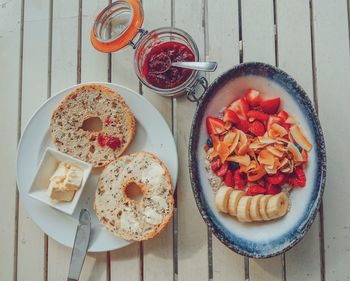 High angle view of breakfast served on table