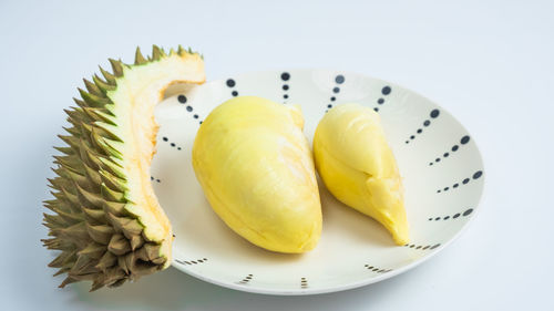 High angle view of fruits in plate on table