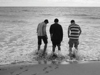 Rear view of friends standing in water at beach