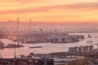Sunset over rotterdam harbour and river