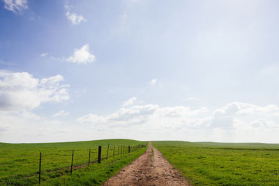 Dirt road on green landscape against sky