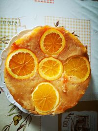 High angle view of orange slices on table