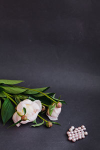 High angle view of beads and flowers on gray background