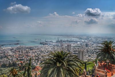 High angle view of city at seaside