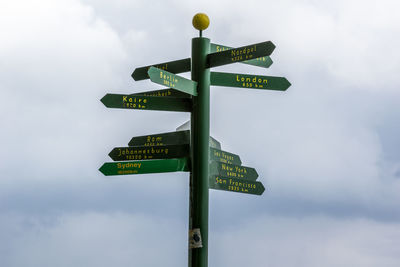 Low angle view of road sign against cloudy sky