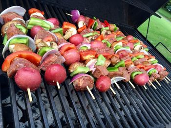 Close-up of meat on grill