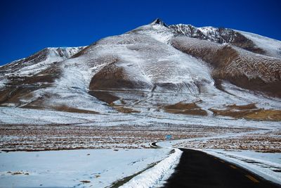 Scenic view of snowcapped mountains against clear blue sky