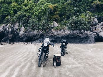 Rear view of bicycle on rock