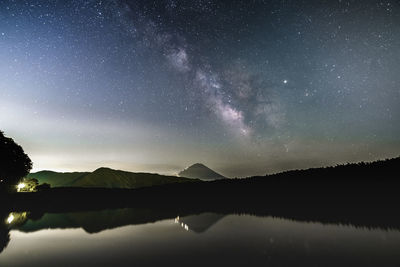 Scenic view of lake and mountains against sky at night