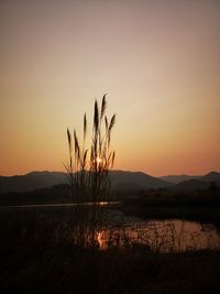 Scenic view of lake against orange sky