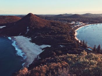 Aerial view of sea and mountain range