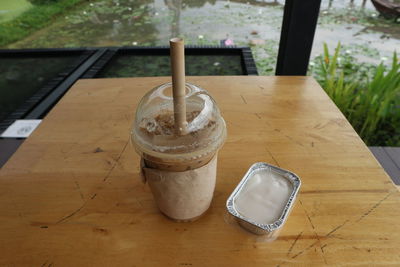 High angle view of coffee cup on table