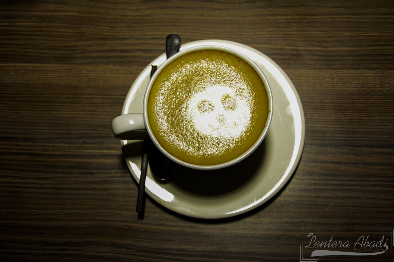 food and drink, refreshment, table, drink, coffee cup, freshness, coffee - drink, high angle view, frothy drink, indoors, saucer, no people, close-up, wood - material, healthy eating, food, froth art, day