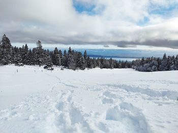 Scenic view of snow covered land against sky