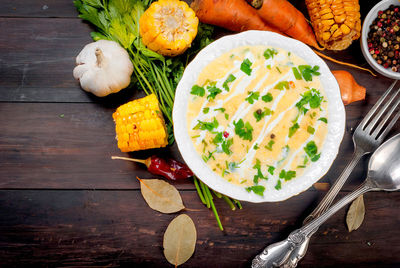 High angle view of food on table