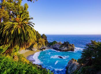 View of calm blue sea against clear sky