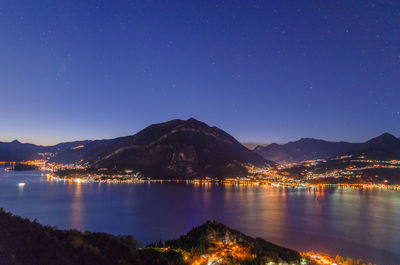 Scenic view of lake against clear sky at night