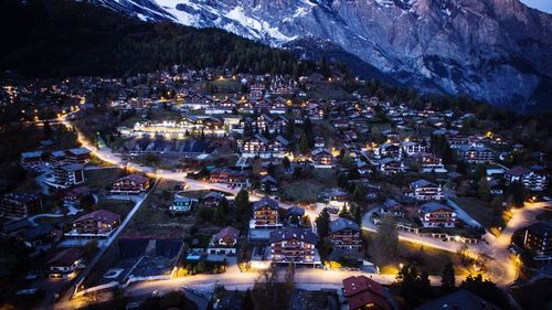 High angle view of illuminated cityscape during winter