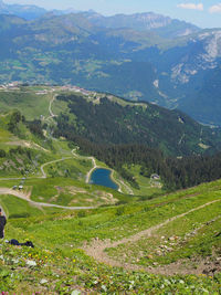 High angle view of landscape against mountains