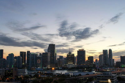 Miami modern buildings in city against sky during sunset