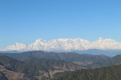 Scenic view of mountains against clear blue sky