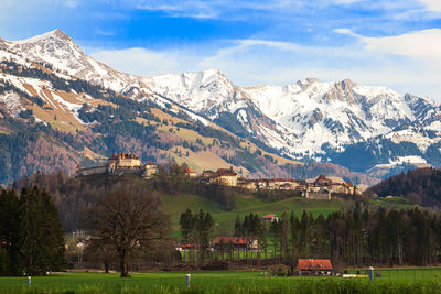 Scenic view of snowcapped mountains against sky