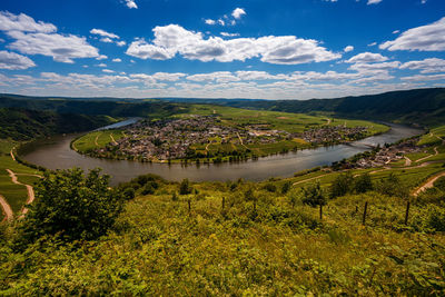 Scenic view of river by landscape against sky