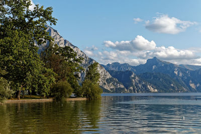 Scenic view of lake and mountains against sky