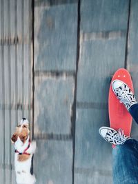 Low section of man skateboarding by dog on footpath