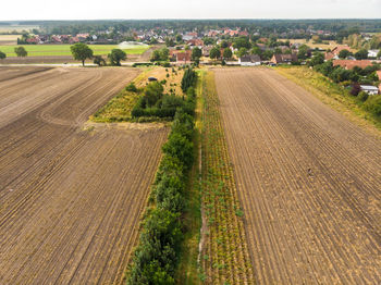 High angle view of agricultural field against sky