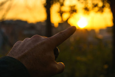 Optical illusion of finger touching sun in forest during sunset