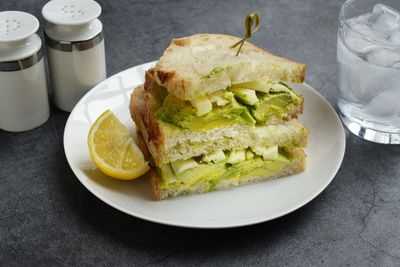 High angle view of sandwich breakfast served in plate