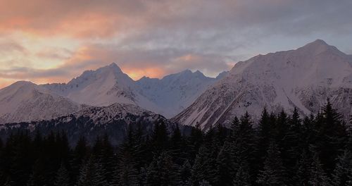 Scenic view of snowcapped mountains against sky during sunset