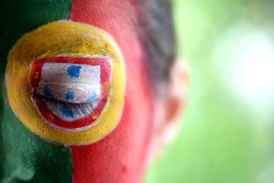 Close-up of soccer fan with portuguese flag painted on face