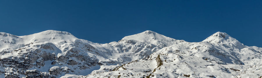 Panoramic view of snowcapped mountains against clear blue sky