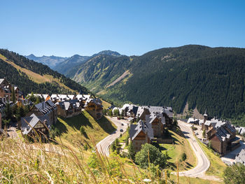 Panoramic view of landscape and mountains against clear sky