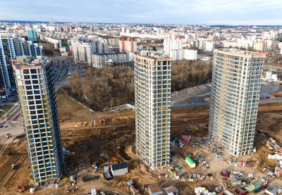 High angle view of modern buildings in city