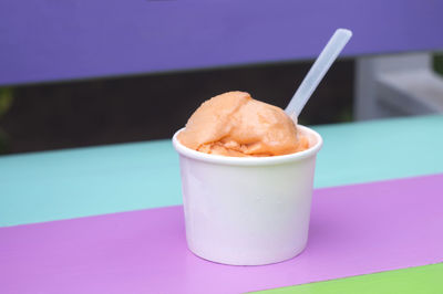 Close-up of ice cream on table