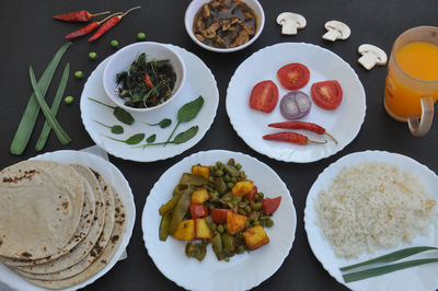 High angle view of breakfast served on table