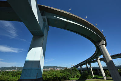 Low angle view of bridge against clear blue sky