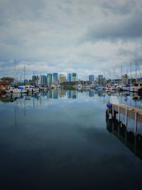 Boats moored in harbor against sky