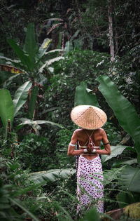 Rear view of woman with praying hands standing amidst trees at forest