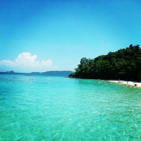 water, blue, sea, tranquil scene, tranquility, scenics, beauty in nature, tree, waterfront, clear sky, nature, turquoise colored, copy space, sky, idyllic, beach, mountain, rippled, vacations, day